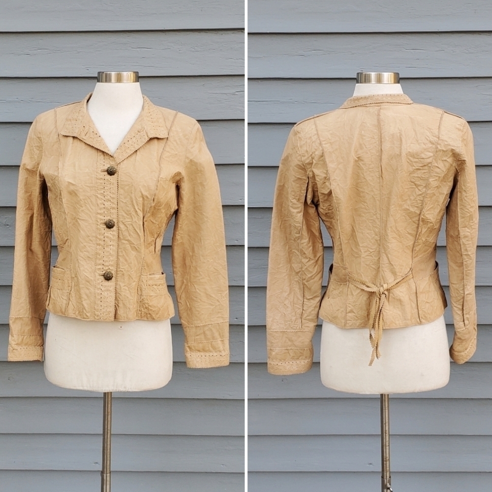 Vintage 90s y2k Western Cowgirl Boho Tan Crinkle‎ Leather Light Racer Jacket Sm